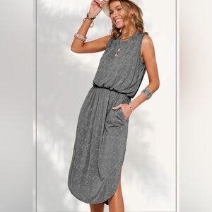 Gray sleeveless summer casual long dress. Side slits. Beautiful drape.